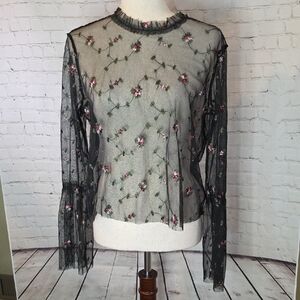 Black Sheer Floral Embroidered Mesh Top Keyhole Back Size Large